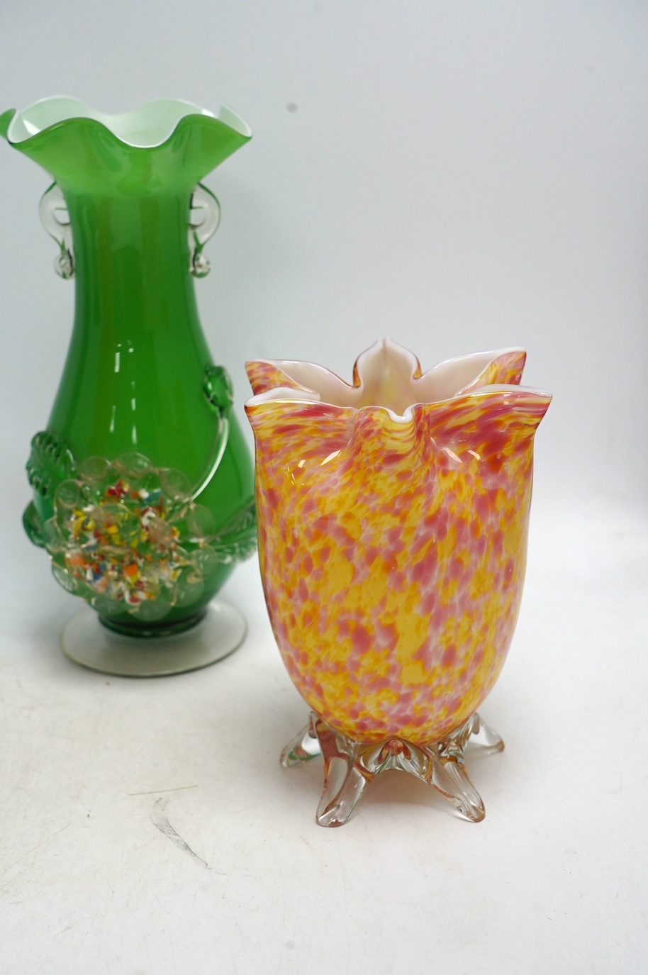 Five ornamental coloured vases, including a Mdina Tiger vase and a Viking vase, tallest 25cm high. Condition - fair to good, no visible cracks